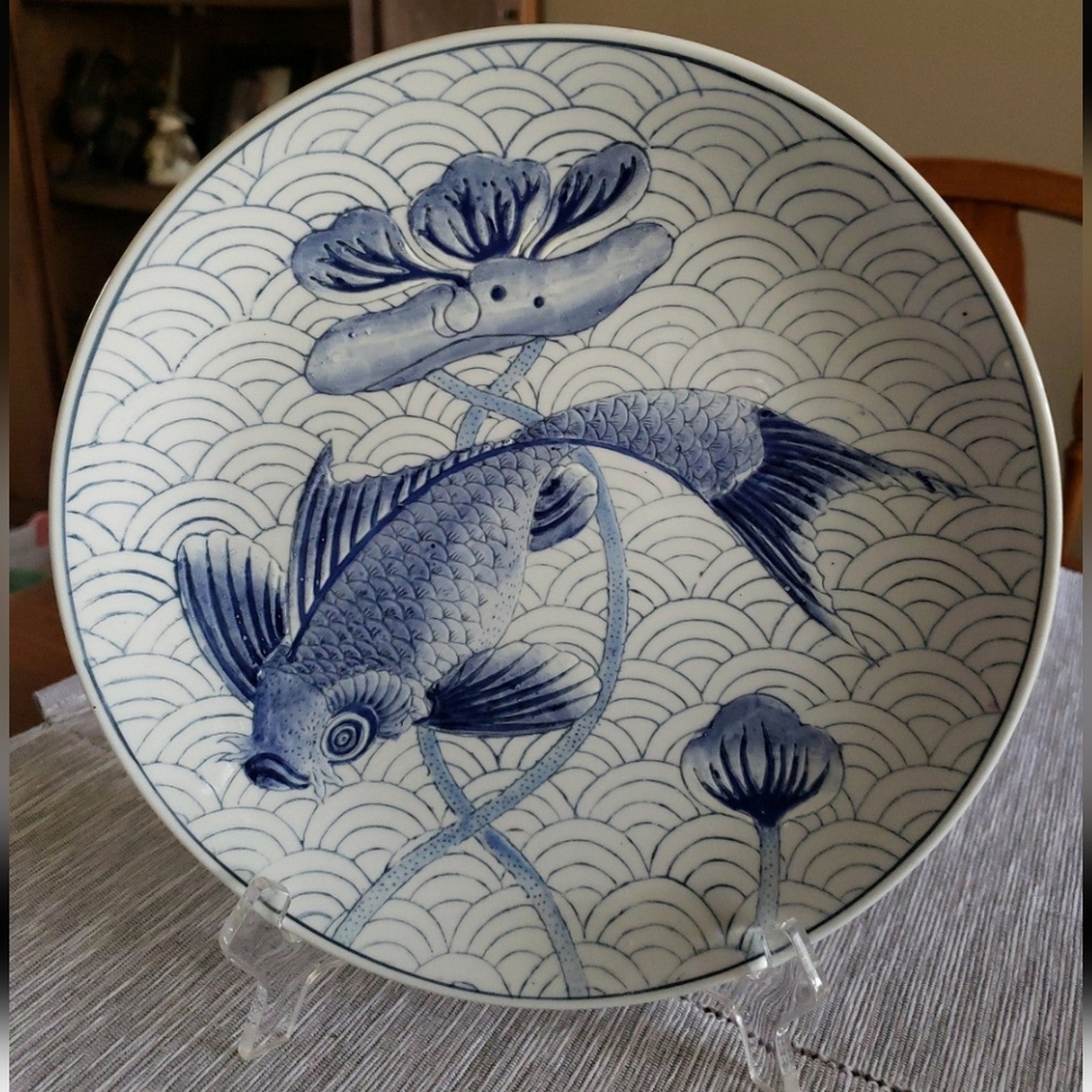 Handpainted Rare Macau Koi Fish & Lotus Flower Plate